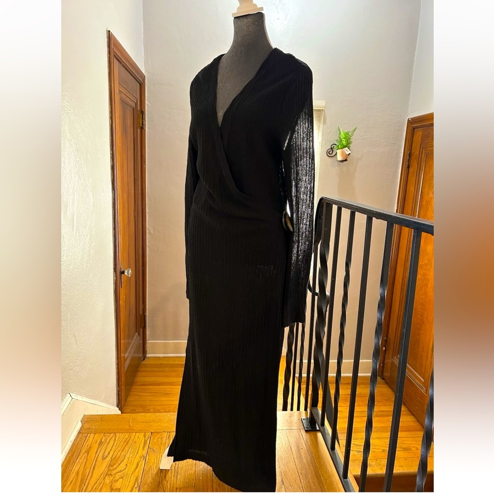 Lauren Ralph Lauren Linen Pointelle Knit Wrap Midi Dress Size Medium Black